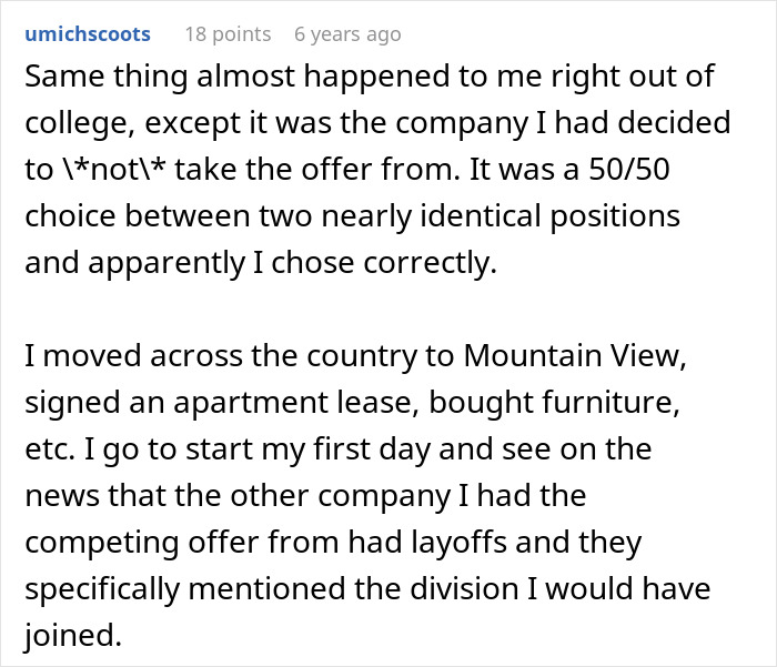 Comment on a person almost affected by layoffs after choosing a job offer Comment on a person almost affected by layoffs after choosing a job offer