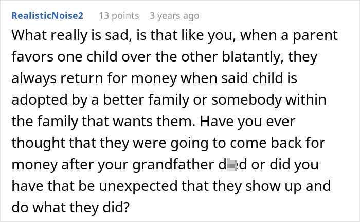 Comment discussing parental favoritism and financial motives in toxic parents story