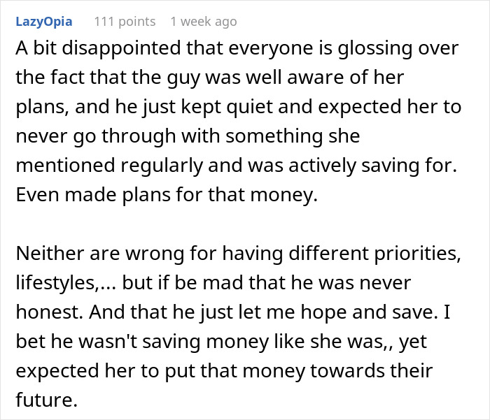 Reddit comment on a Woman's Dream Trip and an impossible choice, discussing a partner's lack of honesty about saving up.