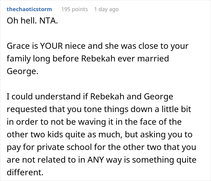Reddit comment about a wealthy woman spoiling her niece, with stepsiblings getting jealous, prompting parents' demands.