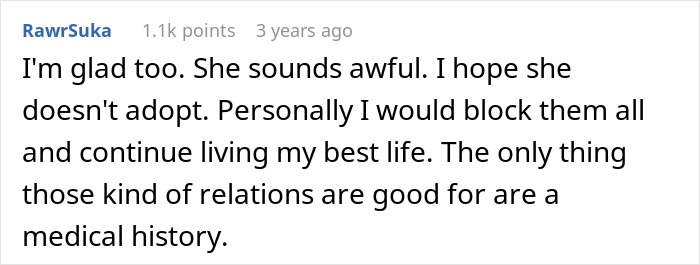 Comment expressing relief over sister's infertility and blocking her from life Comment expressing relief over sister's infertility and blocking her from life