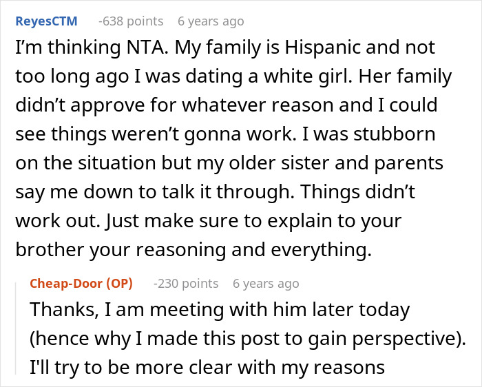 Comment on family disapproval in relationship and explaining reasoning to brother Comment on family disapproval in relationship and explaining reasoning to brother