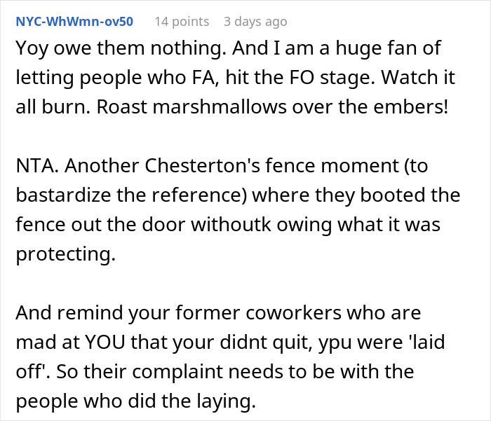 A Reddit comment discussing a company's panic after a developer was a budget burden and their system broke without him.