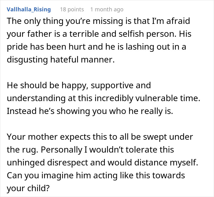 Reddit comment advising a daughter dealing with furious parents about giving birth, discussing selfish behavior and setting boundaries.