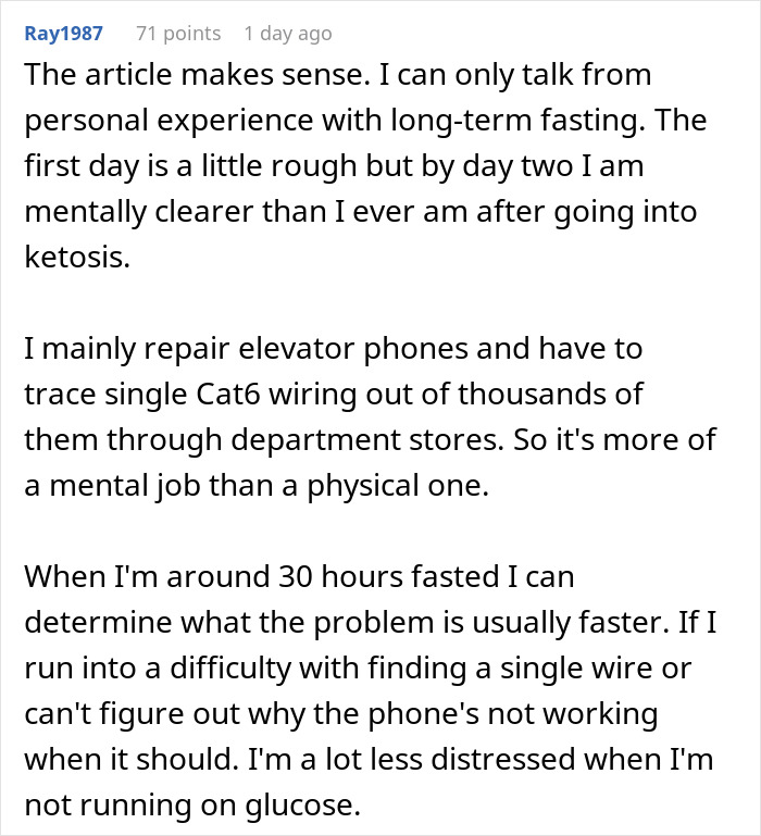 User sharing personal experience on mental clarity from long-term fasting User sharing personal experience on mental clarity from long-term fasting