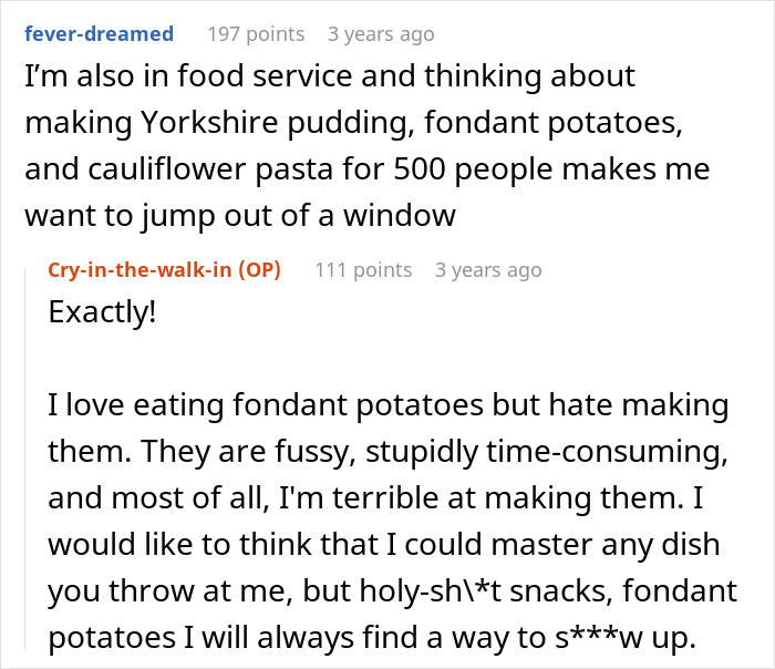 A Reddit discussion about the stress of preparing wedding food. Users discuss making elaborate food for a brother's wedding, highlighting the money and effort involved.