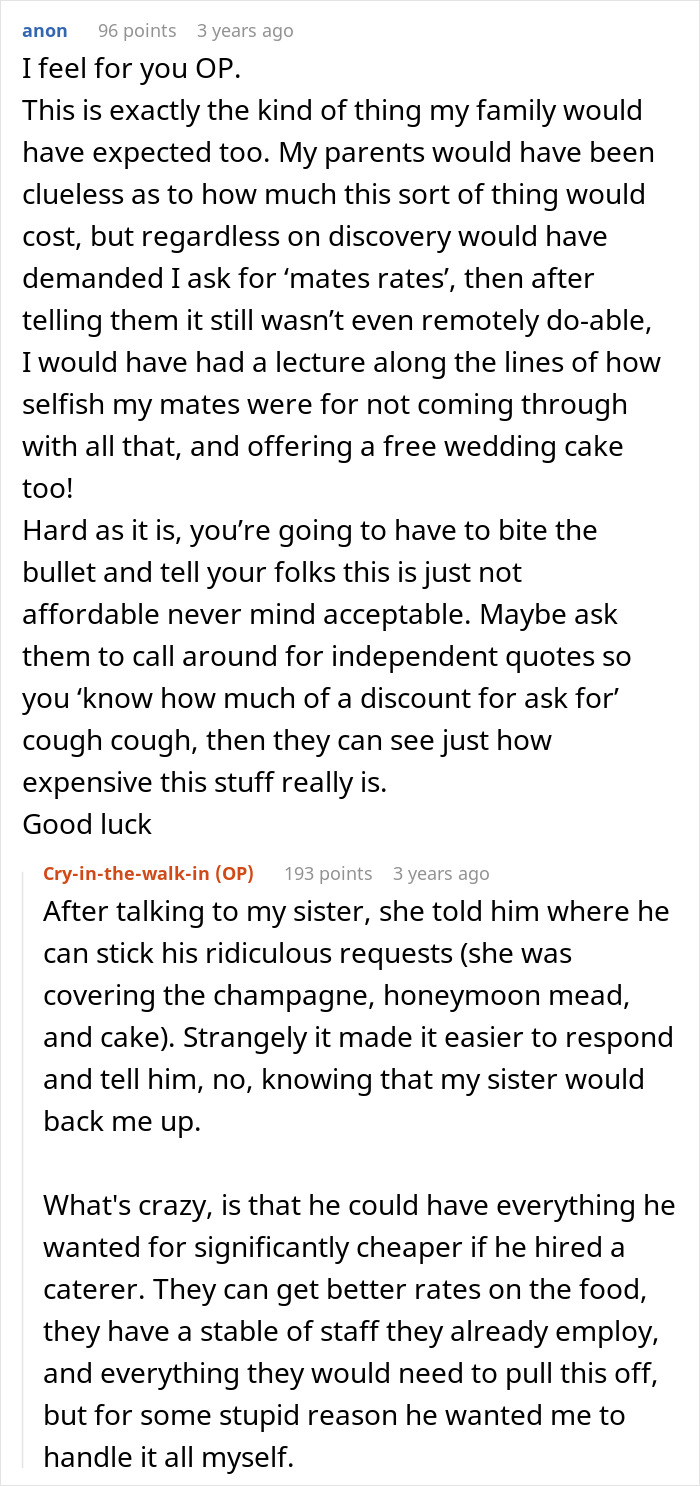 A Reddit thread discussing a brother's wedding demands, covering money, food, and the challenges of planning.