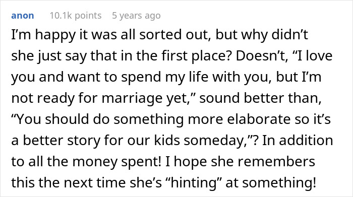 Comment discussing honest communication about marriage readiness
