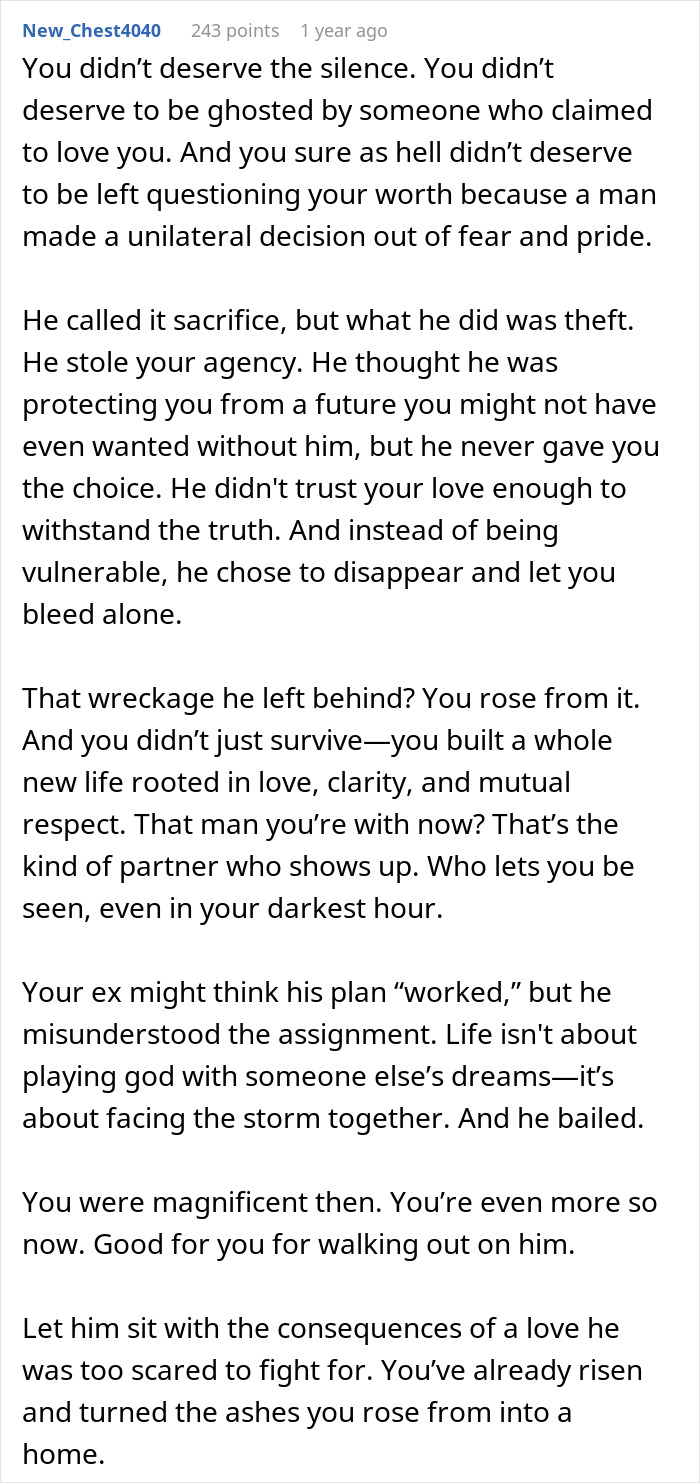 Comment expressing pain from being ghosted in a 10 year relationship before trying for a baby