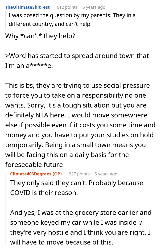 Reddit conversation about social pressure and moving due to family conflict and COVID Reddit conversation about social pressure and moving due to family conflict and COVID