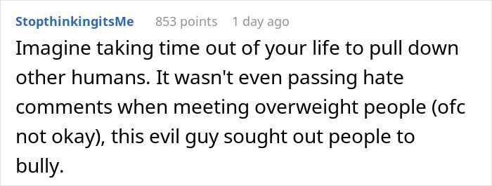 Text post condemning purposeful cyberbullying and targeting overweight people