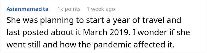 A comment from user Asianmamacita, wondering if the Woman's Dream Trip happened and how the pandemic affected it.