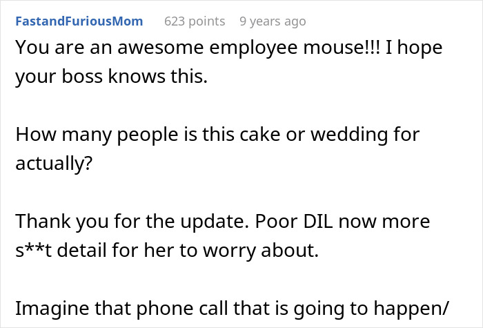 User comment praising bakery employee and questioning wedding cake size User comment praising bakery employee and questioning wedding cake size