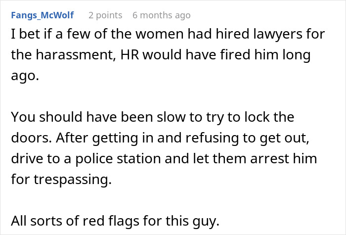 A Reddit comment providing advice on how to inconvenience coworker from hell. The advice includes driving to a police station.