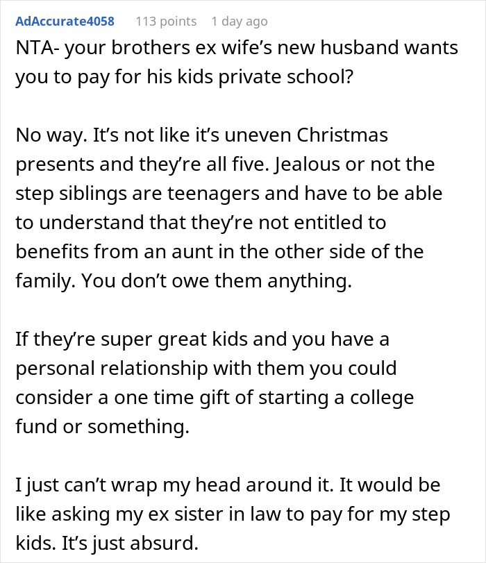 Reddit post about a wealthy woman's dilemma regarding step-siblings getting jealous of spoiling her niece.