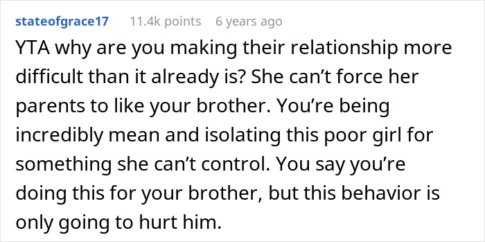 Comment questions making brother's relationship harder by banning his girlfriend from family events Comment questions making brother's relationship harder by banning his girlfriend from family events