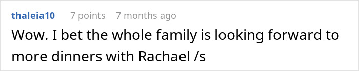 Comment about family looking forward to dinners with Rachael