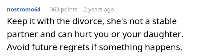 A screenshot of a comment suggesting a man proceed with divorce, stating his postpartum wife is unstable and could harm him or their daughter.