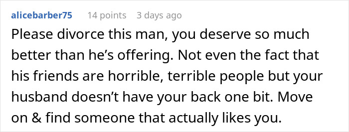 Comment urging divorce and finding someone better than husband