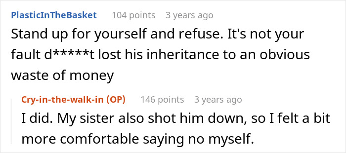 A Reddit post discussing a brother wedding situation involving money and food issues, with user comments supporting refusing demands.