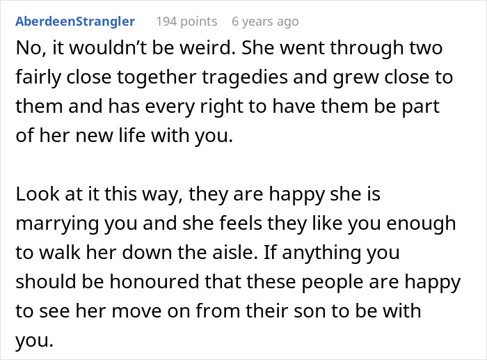 Encouragement to feel honored by late husband's parents walking fiancee down the aisle as a positive gesture.