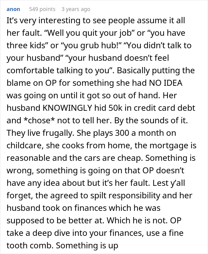 A Reddit comment describing a wife's financial nightmare due to a husband's hidden debt and a possible second family.