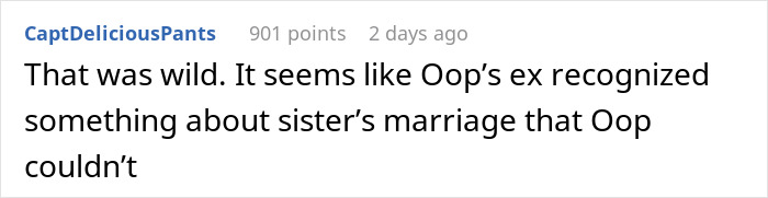 A Reddit comment about a woman revealing her sister's affair, triggering breakups. The comment reads, "That was wild. It seems like Oop's ex recognized something about sister's marriage that Oop couldn't."