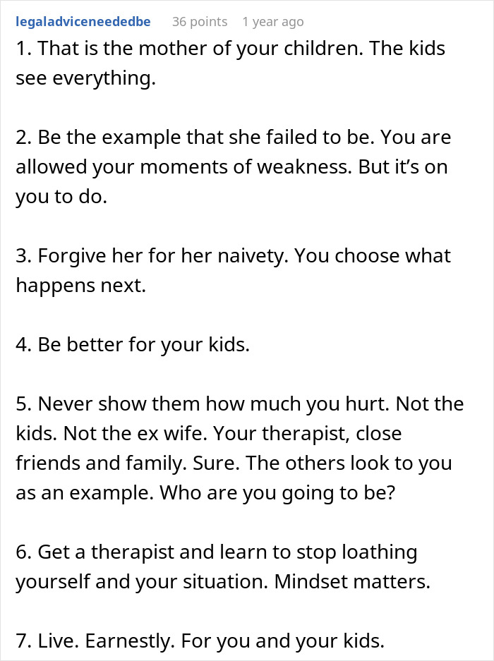 Seven points of legal advice for an ex-wife after her affair, focusing on reconciliation and self-improvement for the kids. Seven points of legal advice for an ex-wife after her affair, focusing on reconciliation and self-improvement for the kids.