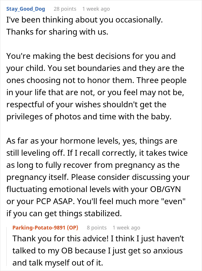 Reddit post showing advice on parental boundaries and emotional recovery after giving birth; addressing parents' fury over daughter's news.