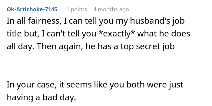 A Reddit comment about a husband's job, referencing the main SEO keyword: "Wife's Job."