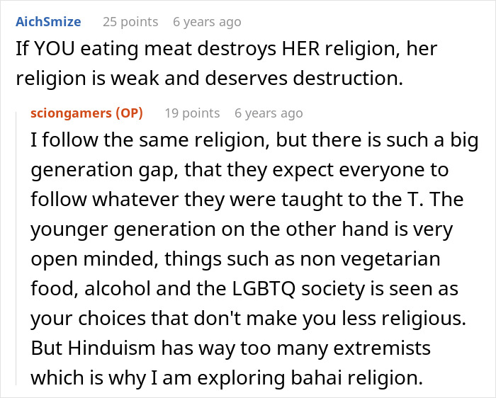 A screenshot of two Reddit comments. The first criticizes a Karen who claims meat ruins her religion. The second, by OP, discusses religious extremism and a generational gap.