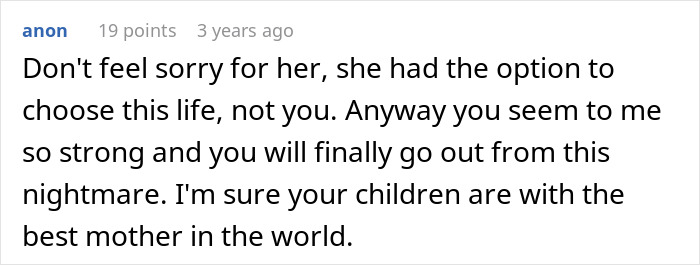 A text comment from an anonymous user offering support to someone facing a financial nightmare and a second family situation.
