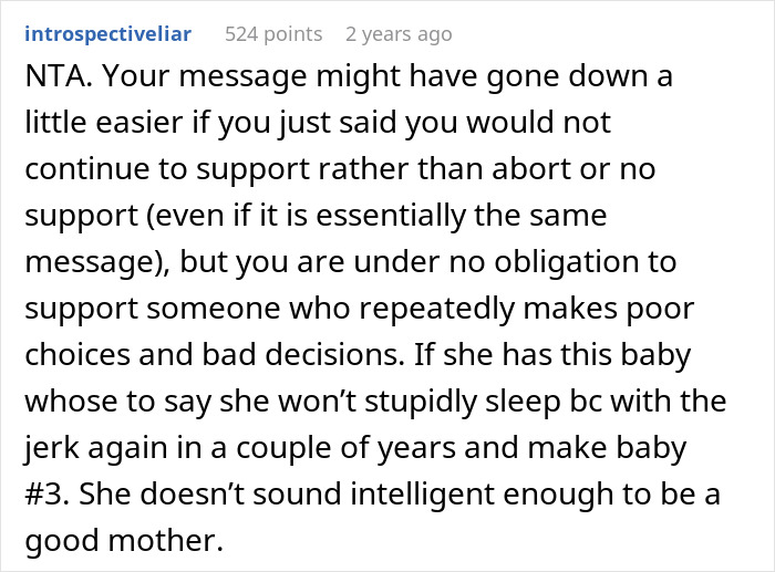 Reddit comment on sibling support and poor decisions in childcare