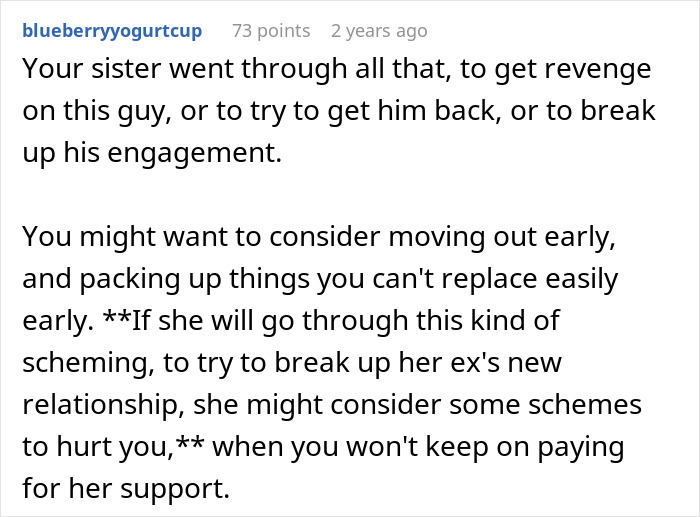 Reddit comment warning about sister's schemes and potential backlash