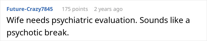 A comment about a Postpartum Wife needing a psychiatric evaluation, possibly experiencing a psychotic break, from Future-Crazy7845.