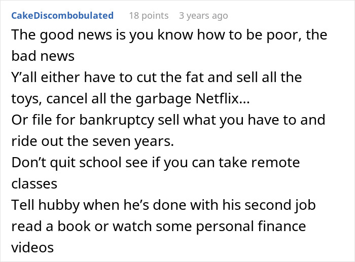 A comment giving financial advice. This advice aims to prevent a second family from causing a financial nightmare.