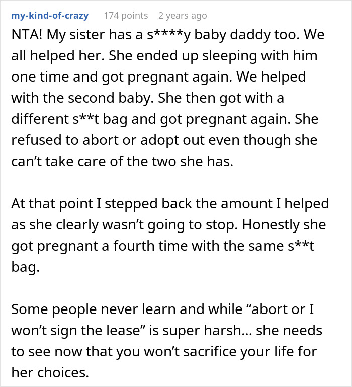 Comment describing repeated pregnancies and financial help struggles with sister