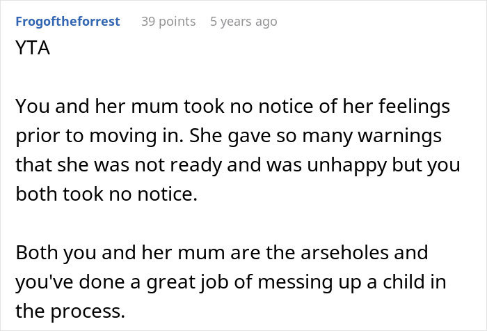 Criticism of parents for neglecting stepdaughter's emotions and legal action over car