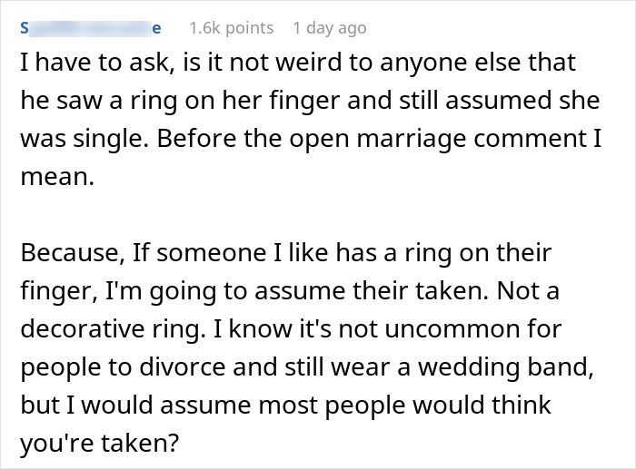A Reddit comment discusses assumptions about a wedding ring, relating to a coworker's lunch date misunderstanding.