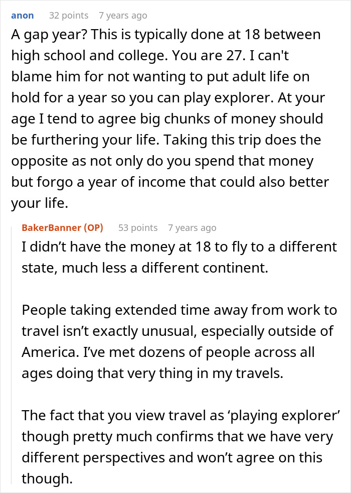A Reddit comment thread debating a woman's dream trip and the impossible choice after 5 years of saving up.