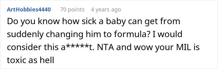 A Reddit comment about a toxic MIL and changing a baby to formula, referencing grandchild disowning.