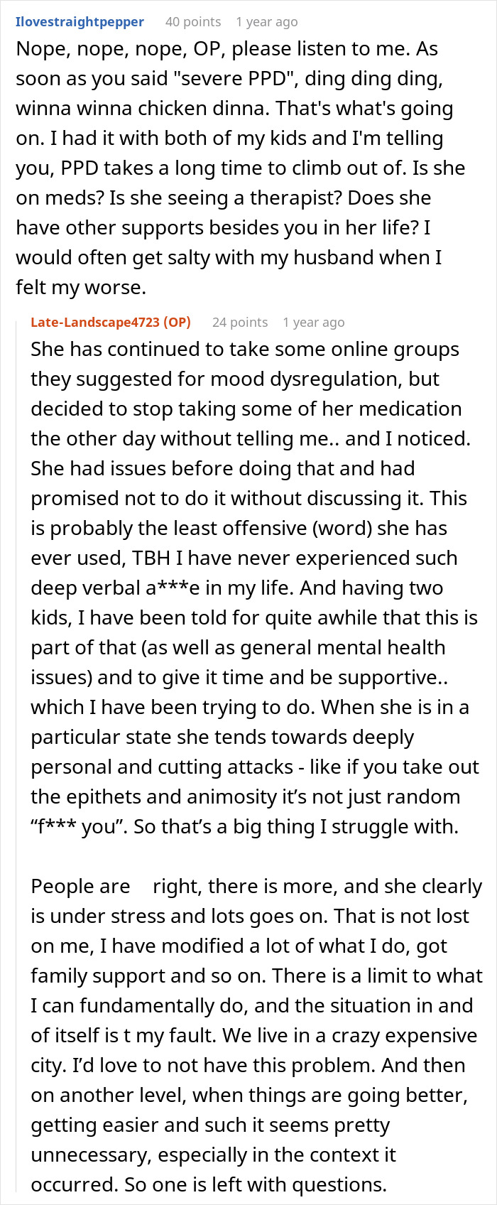 A Reddit thread discussing a man feeling like a loser and a failure after his wife dismisses his successful business.