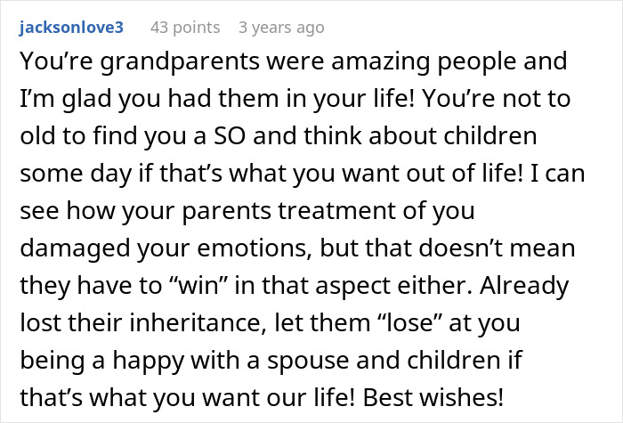 Comment about grandparents' impact and toxic parents' emotional damage in toxic parents story