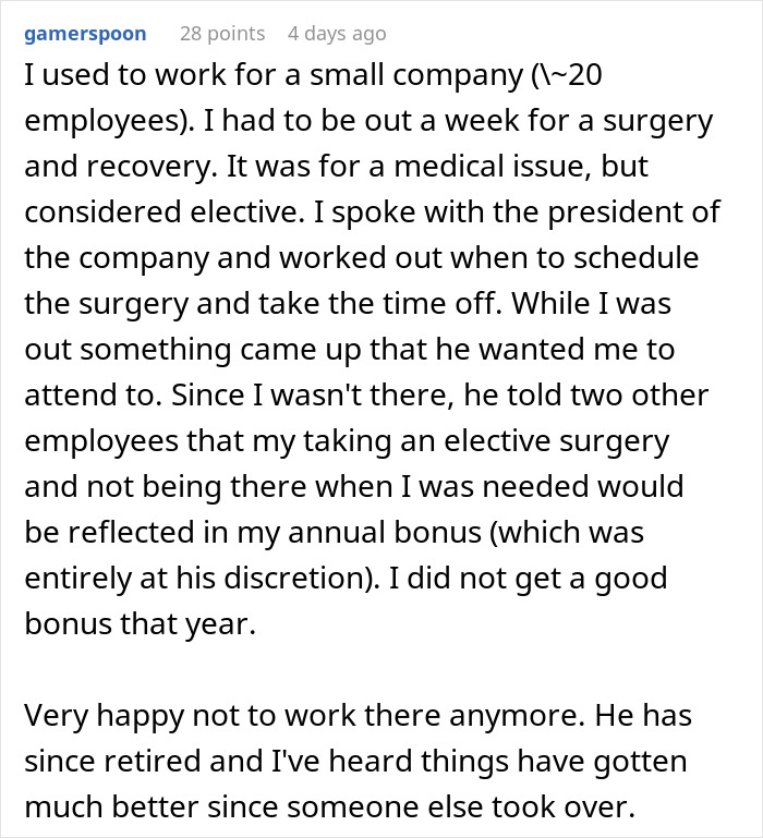 Employee shares experience of boss penalizing elective surgery time off at small company