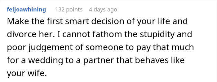 A Reddit comment suggesting divorce after a wife behaves poorly on her honeymoon, questioning the husband's sanity.