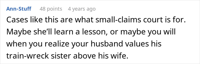 A screenshot of a comment from user Ann-Stuff discussing the sister-in-law conflict, suggesting small-claims court.