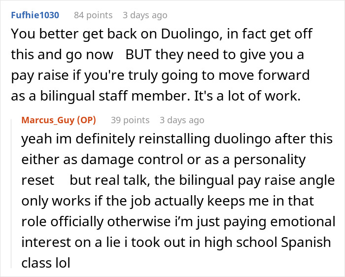 Conversation about reinstalling Duolingo and bilingual pay raise at workplace Conversation about reinstalling Duolingo and bilingual pay raise at workplace