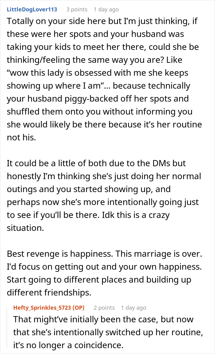 Comment on mistresses presence at family spots and advice on moving forward