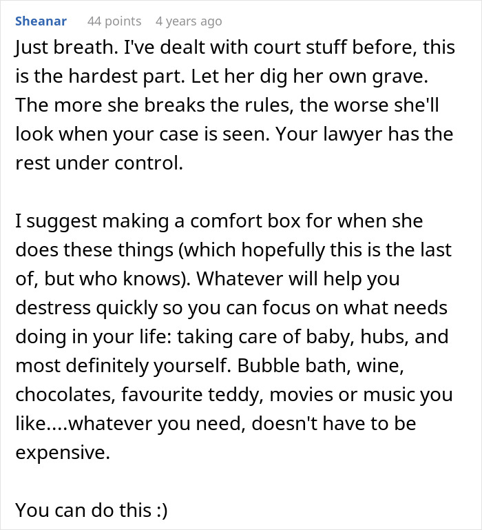 A comment offering support and advice, telling the user to focus on their baby during the grandchild disownment situation.