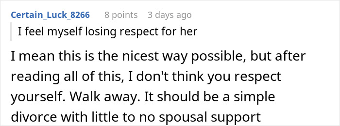 A comment advising a guy to divorce his wife and questioning his sanity due to her honeymoon behavior.